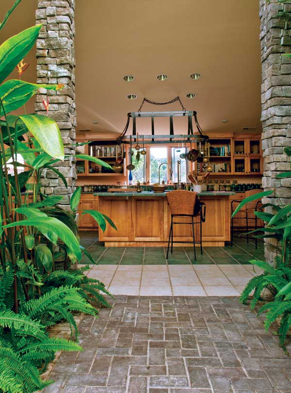 Just steps away from growing fruits, the kitchen was made with materials that won't offgas chemicals into the air.